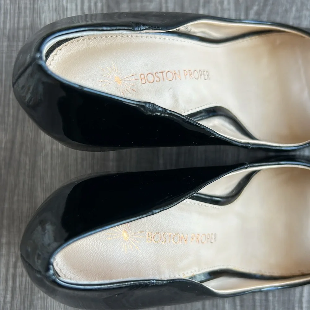 Boston Proper Black‎ Patent Leather Peep Toe Wedges Shoes Office Date Night 7M